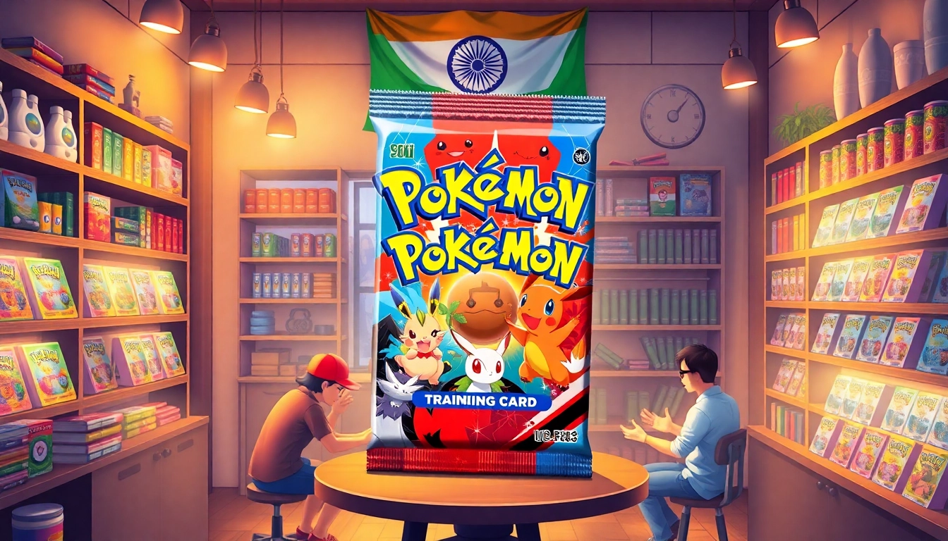 Explore Pokemon tcg india with vibrant trading card packs displayed in a lively gaming shop.