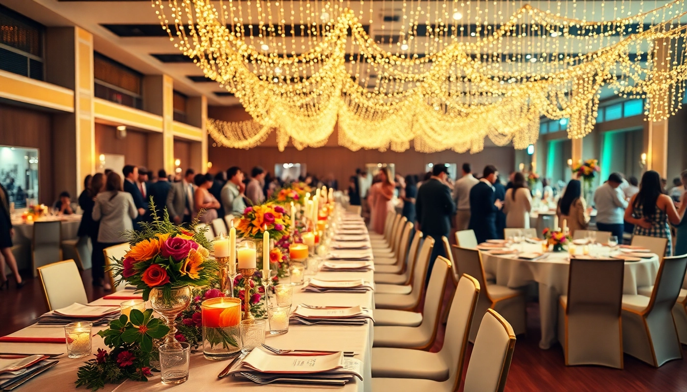 Engaging indoor events celebration with guests enjoying elegantly decorated tables.