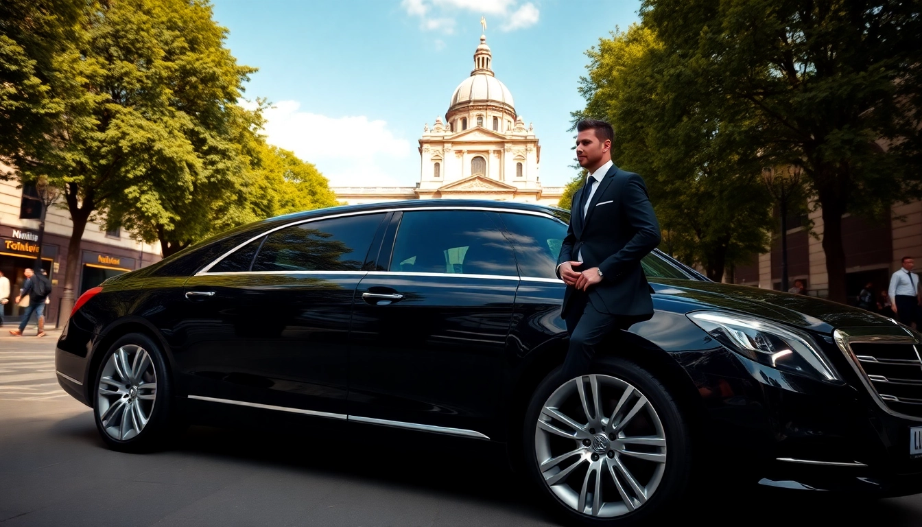 Experience a premium chauffeur service london with a luxurious sedan by a historic landmark.