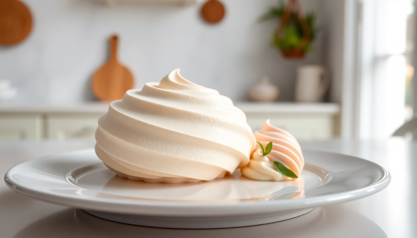 Bereid mousseline dessert dat een elegante presentatie heeft op een porseleinen bord.