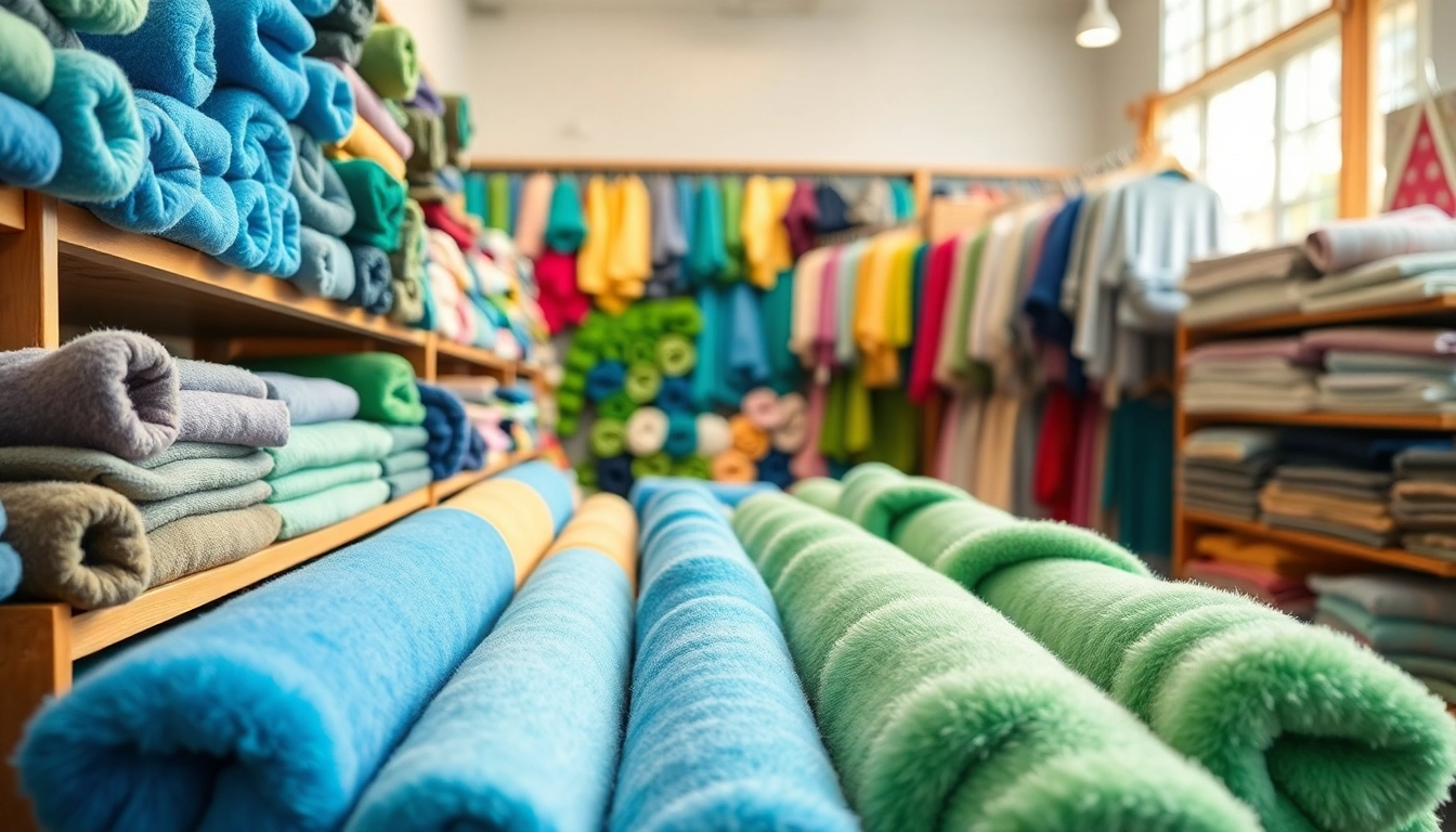 Bekijk kleurrijke fleece stoffen zorgvuldig gepresenteerd in een textielwinkel.
