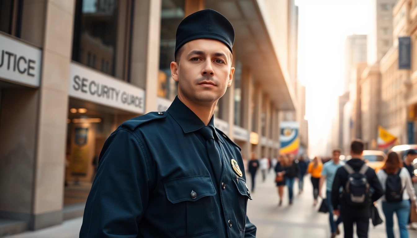 Security guard license ny displayed through a professional security guard in an urban environment.