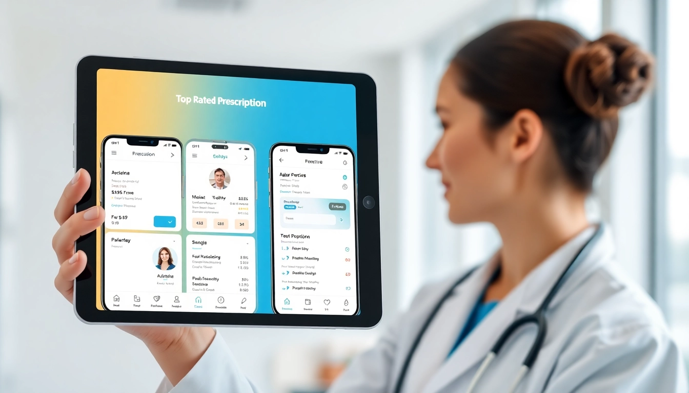 Highlighting top rated prescription applications on a doctor's tablet within a modern clinic.