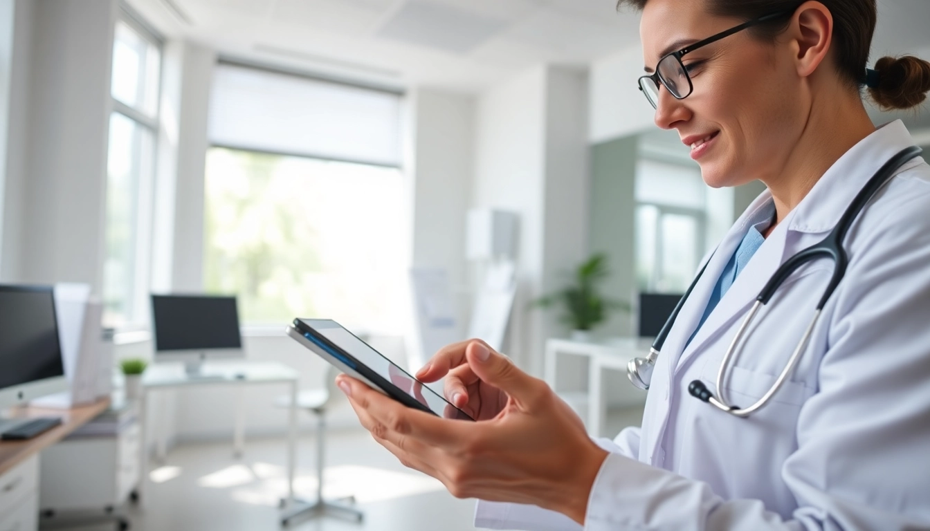 Streamlined process of using free eprescription apps by a healthcare professional in an inviting office.